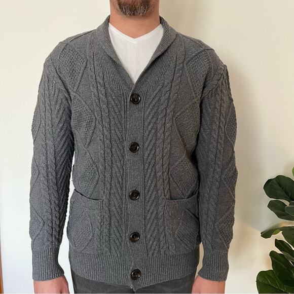 Cable Knit Gray Cardigan Sweater Mens Medium Cottagecore Wool Blend Academia - Picture 10 of 10
